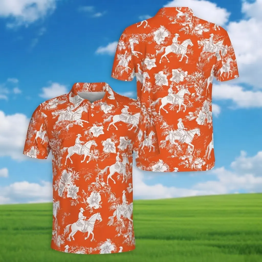 Western Cowboy Horse Polo Shirt for Men, Orange Hawaiian Golf Shirt, Breathable Summer Shirt, Vintage Horse Rider Outfit Gift for Him