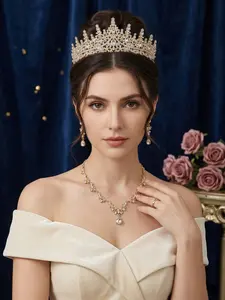 Luxurious Palace Style Bride Gold Crown Necklace Earrings Set, Vintage European Rhinestone Jewelry, Wedding Pageant Birthday Adult Party Accessories