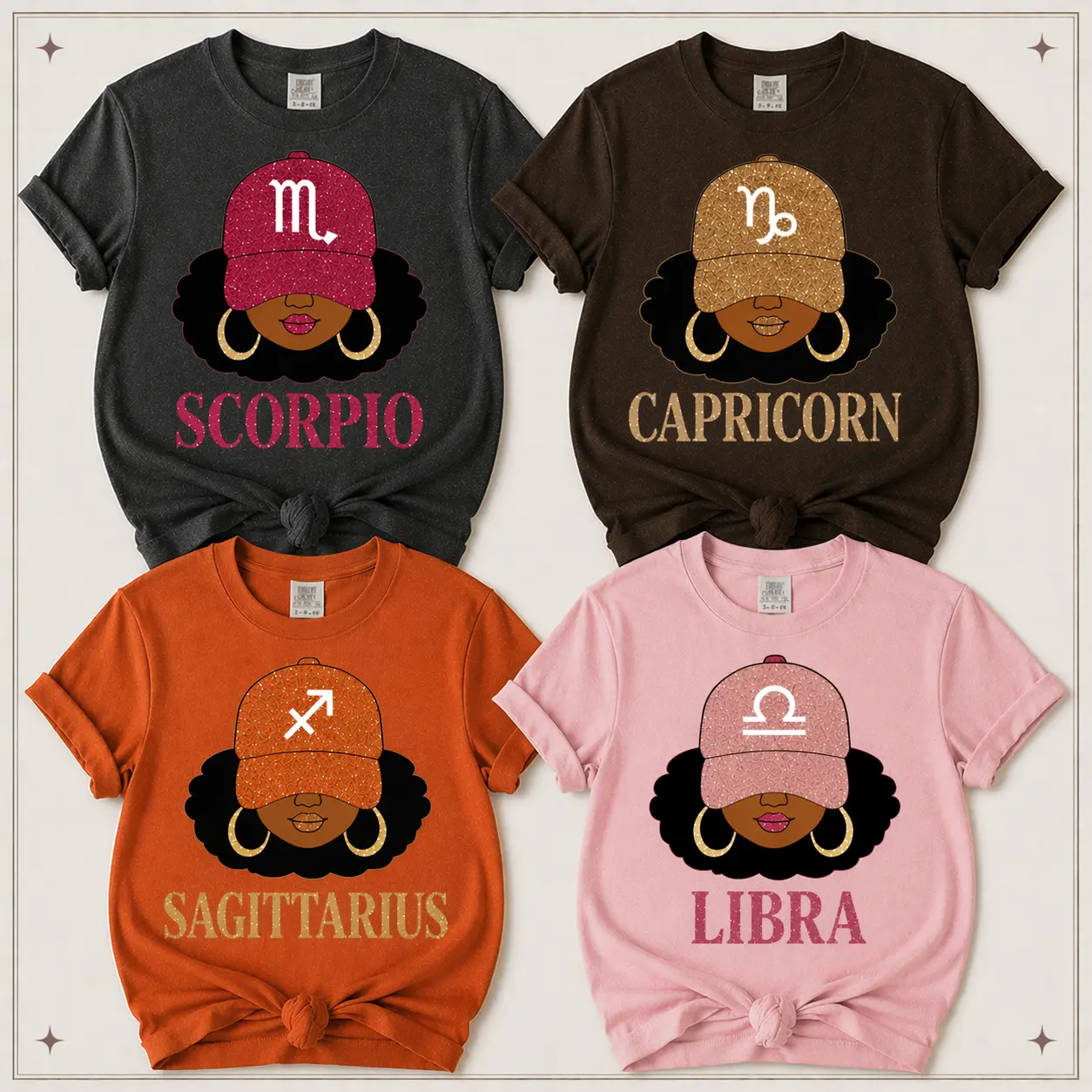 All 12 Zodiac Slay Girl T-Shirt, Glitter Astrology Hat Graphic for Adults, Full Horoscope Star Sign Collection, Bold Zodiac Letter Design, Unisex Astrology Gift for Men Women