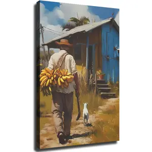 Carrying Bananas Puerto Rican Wall Art, Tropical Landscape Boricua Wall Decor, Puerto Rico Countryside Posters, For Room Aesthetic Livingroom Bedroom Decor Framed (Framed,12 * 18inch)
