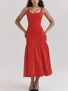 Women's Solid Color Ruffle Trim Backless Dress, Elegant Sleeveless Long Dress for Party Holiday Wedding Guest, Ladies Summer Clothes