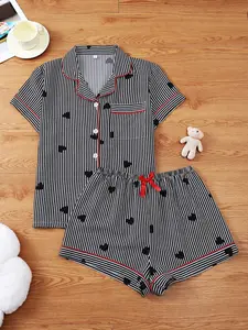 Women's Sleepwear Pajama Set, Sweet Casual Home Clothes, Full Print Heart Short Sleeve Shorts, Stripe Design, Elegant Simple Stripes, All Seasons Wear