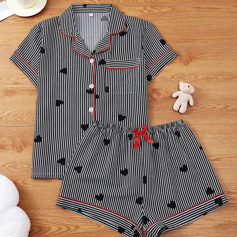 Women's Sleepwear Set Pajama, Sweet Casual Home Clothes, Loungewear, Full Print Heart Striped Short Sleeve Shorts, Stripe Design, Elegant Simple Stripes, All Seasons Wear, Loungewear Pjs