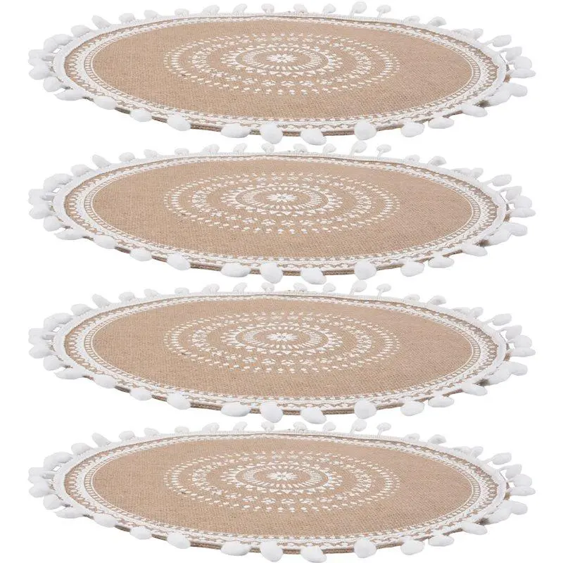 Set of 4 Round Placemats, Boho Woven Jute Table Mats with Pom-Pom Tassels for Dining Room & Kitchen Table Decor (White Ball)
