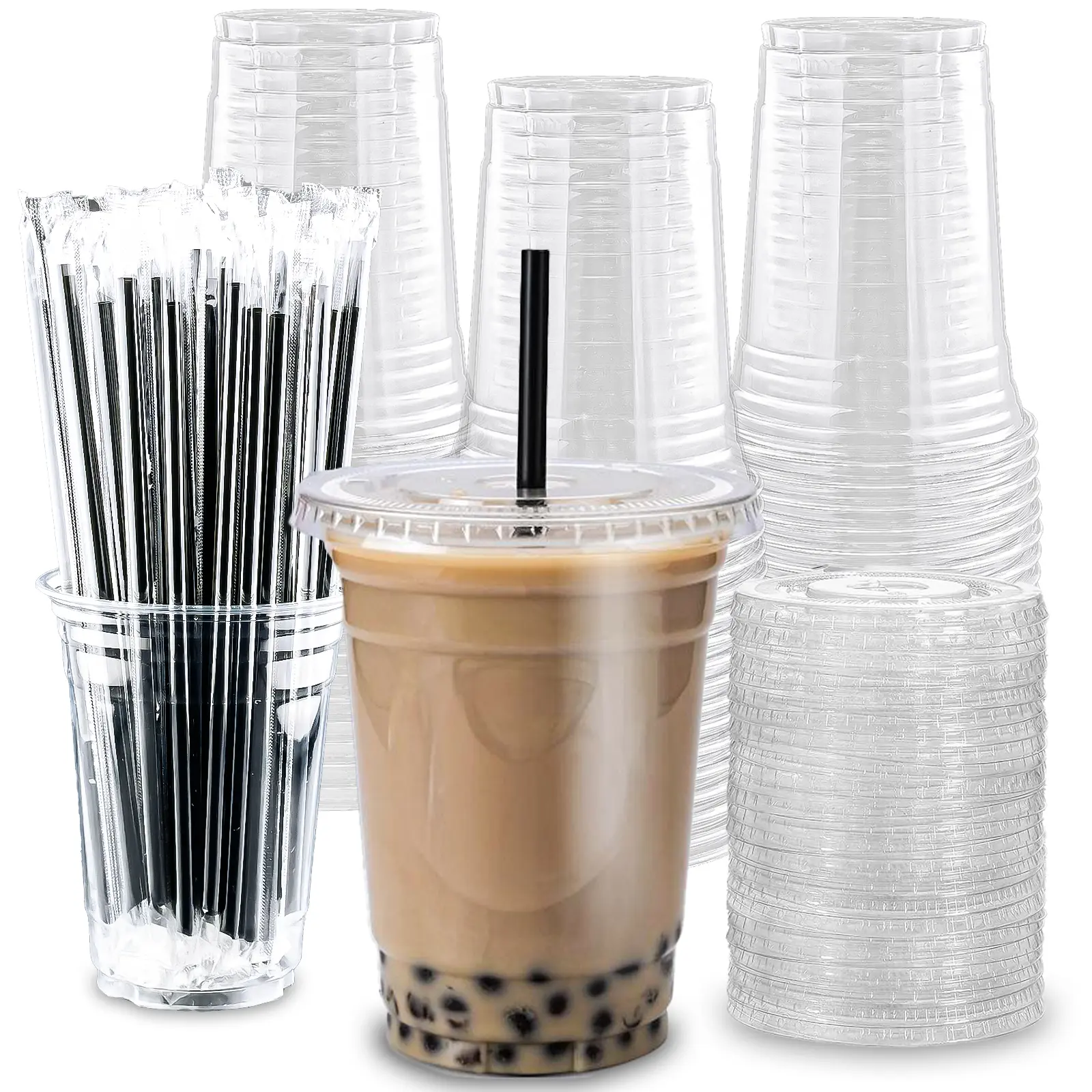 100-Pack 12--14-16oz Clear Plastic Iced Coffee Cups with Lids and Straws, Disposable To Go Cups for Smoothies, Milkshake, Cold Beverages, Coffee Bar Accessories cold  beverage  cups campingessentials