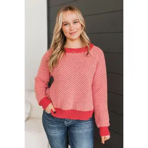 Intrigued Gaze Waffle Knit Sweater- Coral