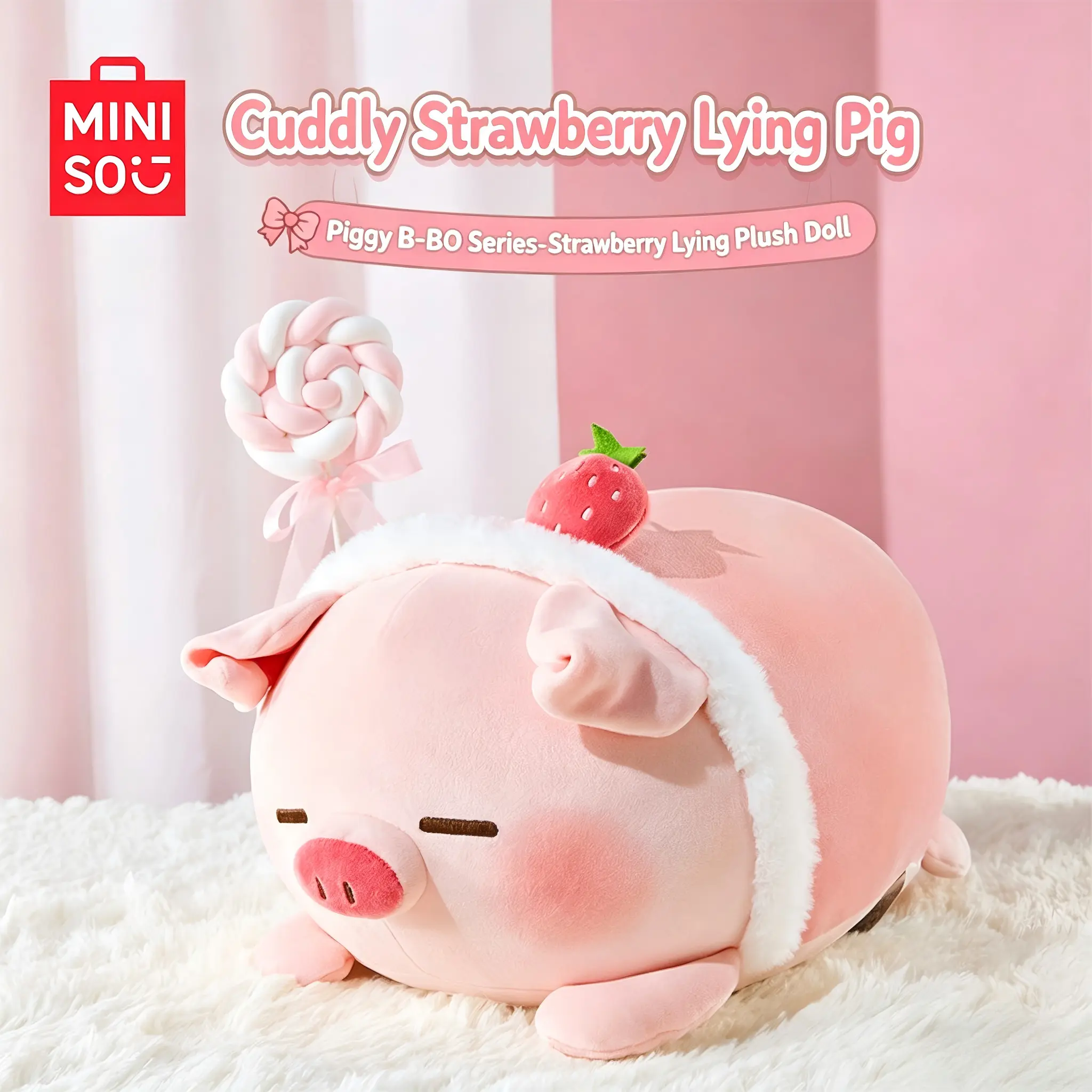 MINISO B-BO Pig Series - Strawberry Lying Plush Doll, Cute Piggy Stuffed Toy with Wings