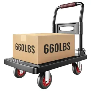 Upgraded Foldable Push Cart Dolly,660 lbs. Capacity Moving Platform Hand Truck,Heavy Duty Space Saving Collapsible,4‘’ TPR 360-Degree Silent Wheels,2 Swivel Wheels and 2 Fixed Wheels