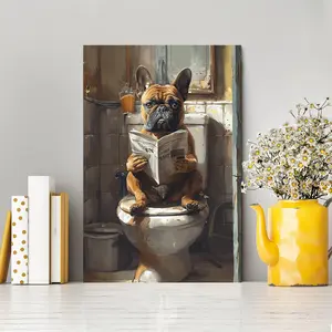 [2D Flat]1pc French Bulldog on the Toilet HD Canvas Decorative Painting 11.8* 15.7inch (30* 40cm ) with Wooden Frame - Modern Cool Design Home Decor, Can Be Directly Hung in Living Room, Bedroom
