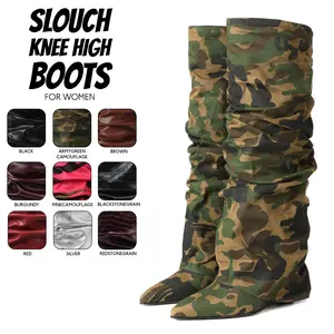 Slouchy Fold Over Boots for Women Pointed Toe Ruched Camouflage Covered Wedge Heel Knee High Boot Wide Calf Easy Pull on Work Casual Spring Summer Party Outdoor Festival Fashion Long Tall Dress Shoes