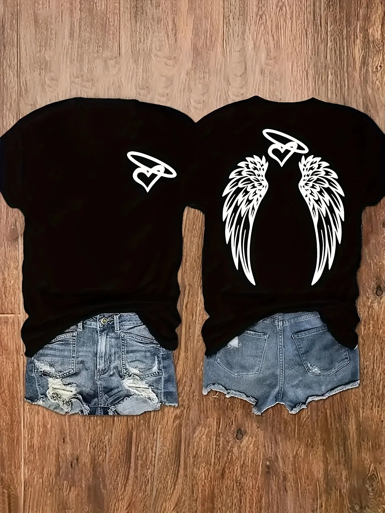 Women's 100% Cotton Short-Sleeve Round Neck Graphic Tee - Breathable, Soft, Front & Back Angel Wings, Halo, Heart Prints, Wave Aesthetics, Retro Edgy Streetwear Style, Comfortable Loose Casual Top, Shortsleeve, T-Shirt
