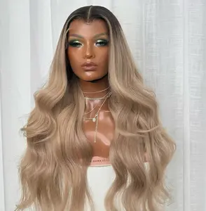 180% Density Ash Blonde Body Wave 13x6 Transparent Lace Front Ombre Highlight Ash Blonde Lace Front Wigs Human Hair Lace Frontal Wigs For Black Women 13x6 Lace Front Wig Pre Plucked With Baby Hair