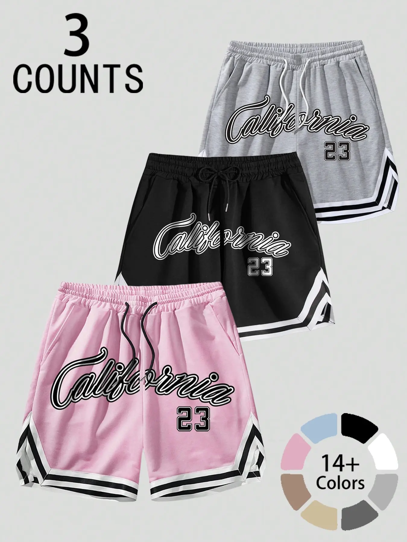Men's Sporty Shorts Three-Pack California 23 Retro Letter Print Design Quick-Dry Breathable Fabric Elastic Waist Drawstring Style Athletic Shorts