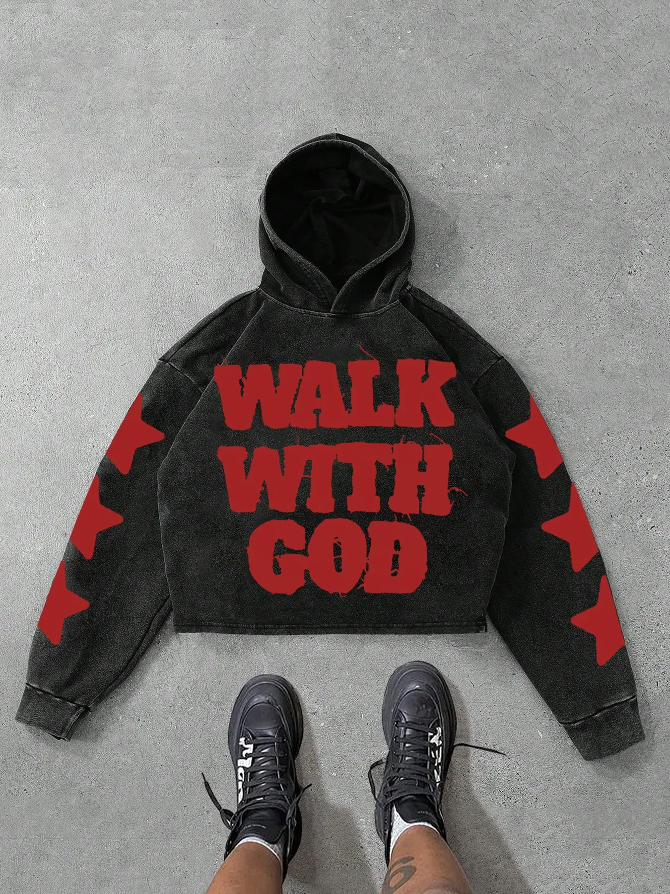 Christian Streetwear "Walk With God" Hoodie - Puff Print Graphic Heavyweight Sweatshirt - Red Star Sleeve Faith Fashion for Men & Women