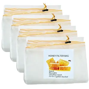 Honey Strainer, 4 count Honey Filter Bag Ultra-Fine Mesh Strainer with Adjustable Drawstring, Beginner Honey Extractor Equipment in a 5 Gallon Bucket,  Supplies  and Washable