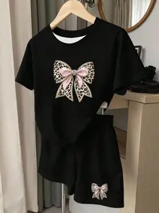 Girls' Casual Comfort Leopard Print Set, Casual Summer Set, Fashion Contrast Color Leopard Bow Full, T-Shirt and Shorts, Suitable for Daily Wear, All Seasons