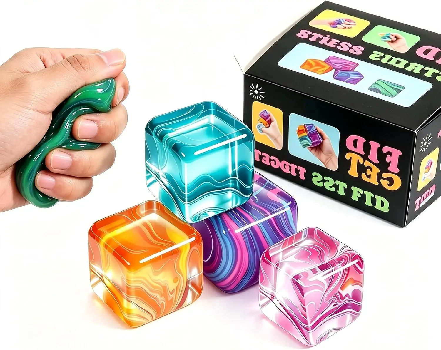 4Pack Fidget Toys Mini Squishy Stress Cube, Stress Balls for Kids, Adults Squishies Anxiety Stress Relief, Squishy Cube Sugar Balls, Sensory Toys for Kids with Autism, Fidgets for Classroom Prize