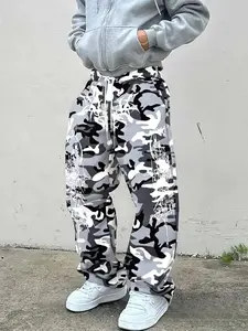 Men's Casual Camo Pants with Barbed Wire Print, Loose-Fit Drawstring Wide Leg Joggers, All-Season Comfortable Men's Clothing