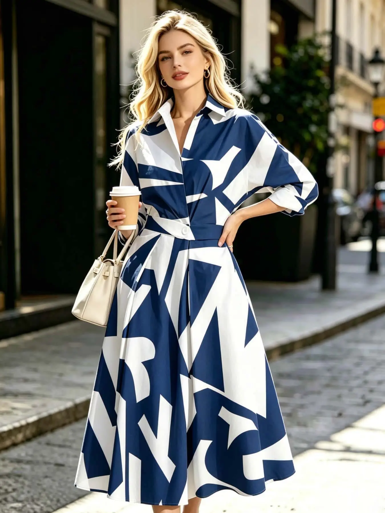 A fashionable, stylish, chic and elegant lapel lined dress Casual Wear with loose waist and slimming mid length skirt, suitable for commuting and vacation in all seasons, suitable for weekends, cafes, city outings, short trips, spring picnics, art museums