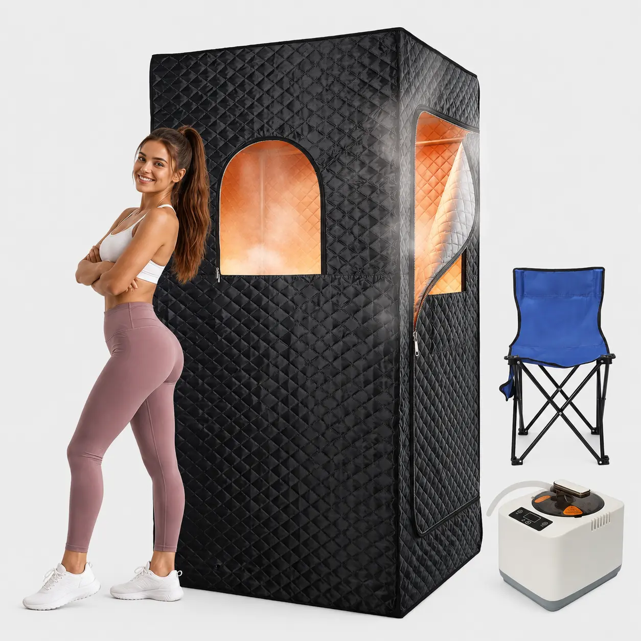 Portable Sauna Box, Portable Steam Sauna for Home,5-Layer Insulated Home Sauna with 1200W Steamers, 9 Temperature Levels Full Body Sauna, Folding Chair,Remote Control