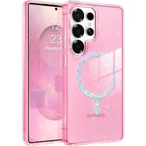 For Samsung S25 Ultra Case Clear Glitter, Galaxy S25Ultra Magnetic Phone Case [Compatible With MagSafe] Shockproof Cover For Women Girl, Shine Hot Pink Glitter