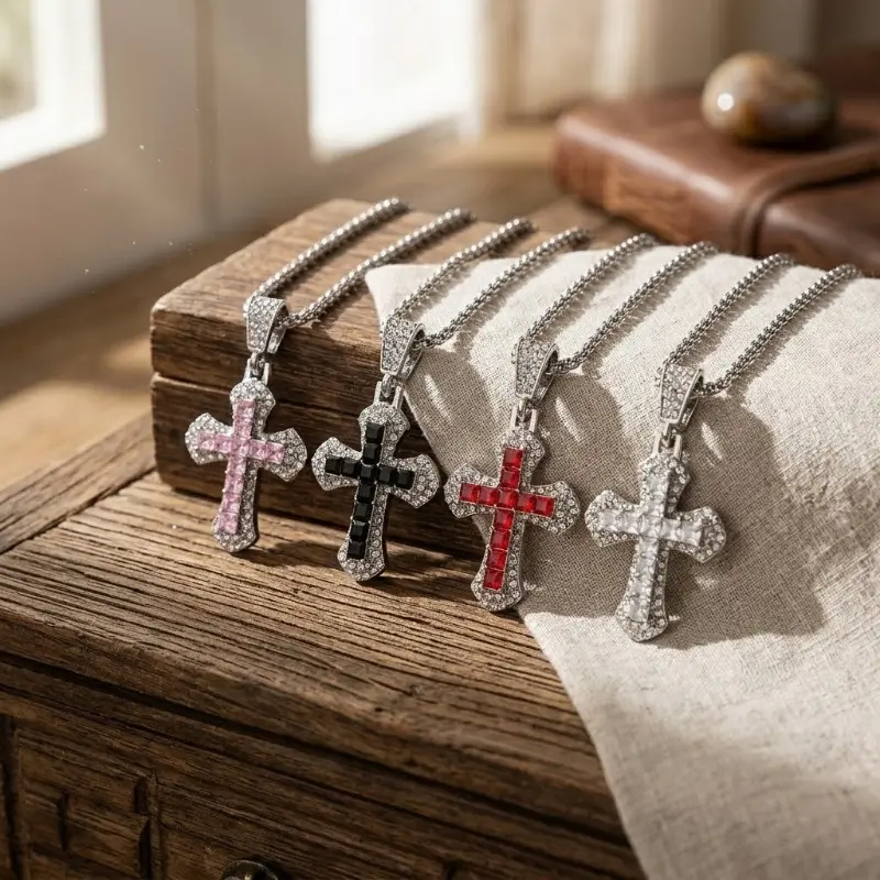 Punk Style Glitter Cross Pendant Necklace with Rhinestones - Unisex Zircon Chain Jewelry, Street Fashion Sweater Chain Accessory, Chains