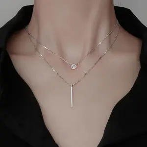 Women's Geometric Long Stick Double-Chain Necklace - Micro-Pave Zircon Round Pendant, Trendy Fashion Costume Jewelry Accessory