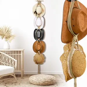 Macrame Hat Hangers Boho Hat Rack Cowboy Hat Hanger Back of Door Hat Organizer (Beige,Five Hats Style)
