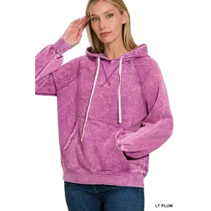 Zenana Acid Wash Fleece Hoodie with Kangaroo Pocket
