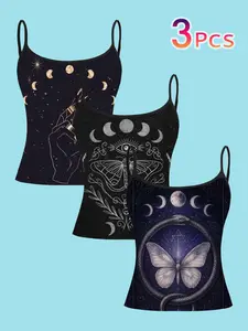 Mystical Moon Phase Print Strapless Top, All-Seeing Eye Snake & Butterfly Slim Fit, Casual Summer Dark Style Sleeveless T-Shirt for Women