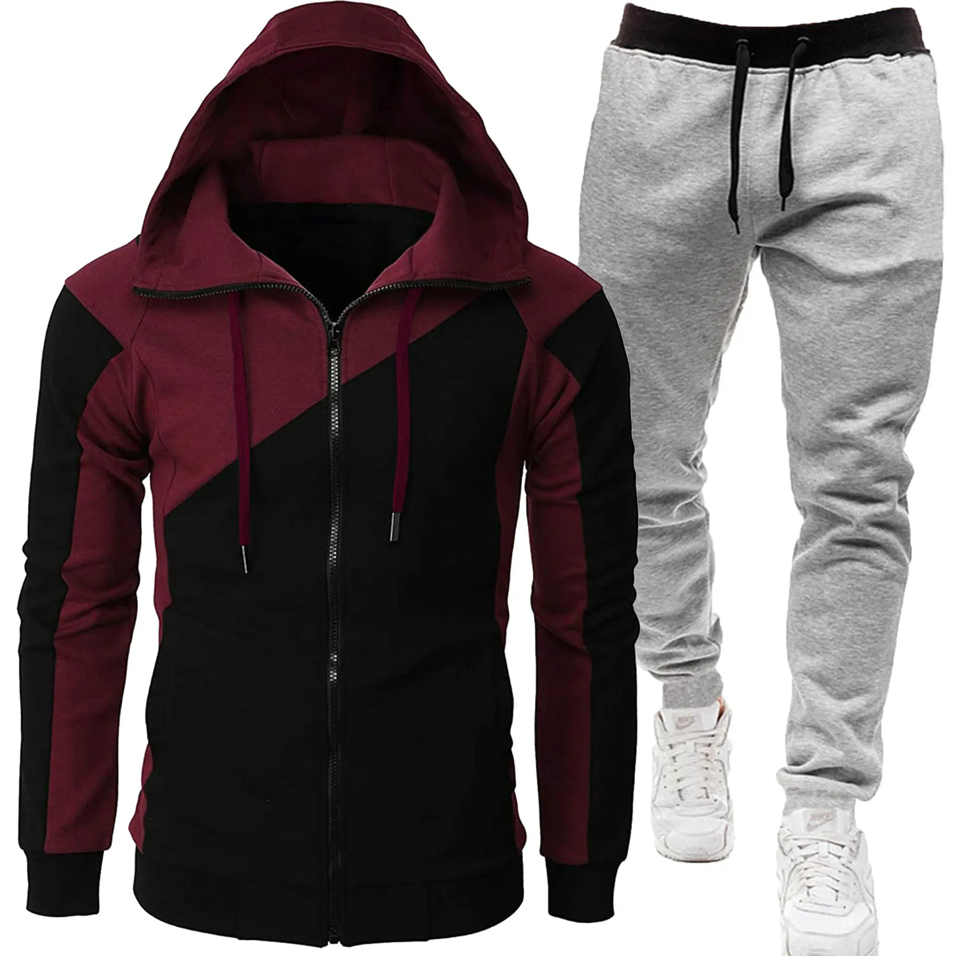 Deep red+light gray pants