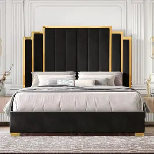AMERLIFE Platform Bed Frame, Velvet Upholstered Bed with Gold Trim Headboard/Wooden Slats/No Box Spring Needed,Best Gift Ideas/Christmas Gifts