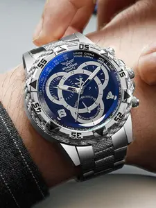 1 fashionable and versatile large dial three eye steel strap watch with blue light glass men's watch casual analog watch Stylish Watch