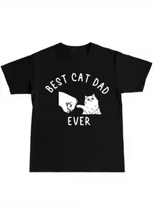 Summer Best Cat Dad Graphic Short Sleeve T-Shirt, Casual Fitted Long Tee for Men, Fun Pet Theme Loose Half Sleeve Top