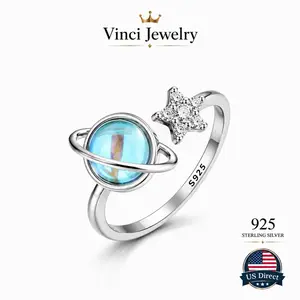 S925 Sterling Silver Moonstone Planet Ring Surrounding Stackable Ring,Delicate Silver Open Ring,Women's Light Luxury High-end Niche Design,Suitable For Daily Wear,Jewelry Gift For Women Girlfriend,Anillos Para Mujer,Anillo Ajustable de Plata