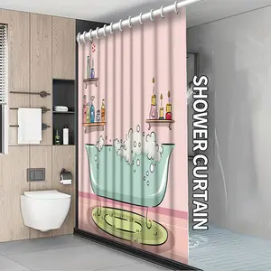 [2D Flat Print] Decorative shower curtain with bubble bath tub and toiletries design, machine washable polyester material, artistic animal design home decor, elegant bathroom partition, durable, decoration item