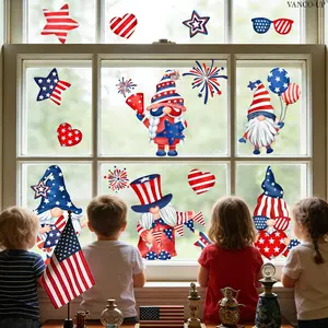 Set of 2 Pcs 30×30cm Independence Day Cartoon Stars & Stripes Gnome Double-Layer Static Window Clings for Bedroom Kids Room Glass Festival Decor
