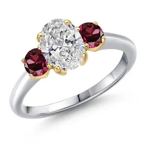 Gem Stone King 1.74cttw 10K White Gold IGI Certified Lab Grown Diamond and Red Rhodolite Garnet 3-Stone Engagement Ring For Women | Center 1.00 Ct Diamond | D-E Color | VS1-VS2 Clarity