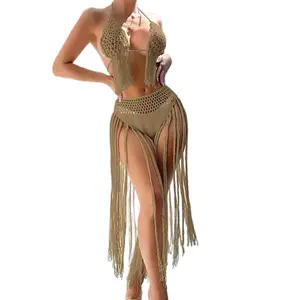 Two Piece Bikini Set Handmade Crochet Cover Up oSexy Backless Swimsuit Tassel Beach Dress
