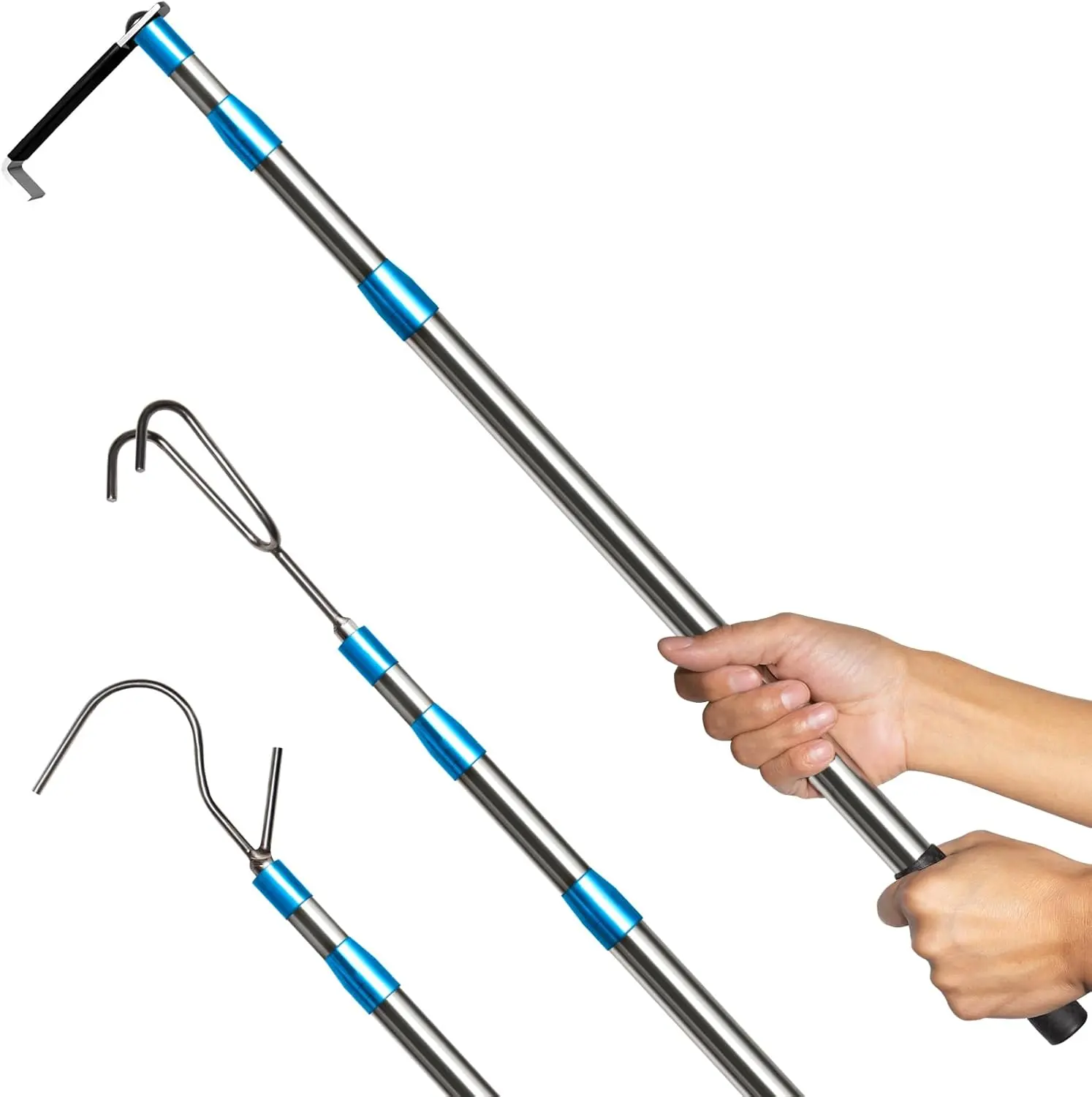 Cargo Grabber - 6.3 Ft Heavy Duty  Accessories Telescoping Pole with 3 Hooks, Reach Retriever Tool for Pickup  Bed, Accessories, and More (Blue)