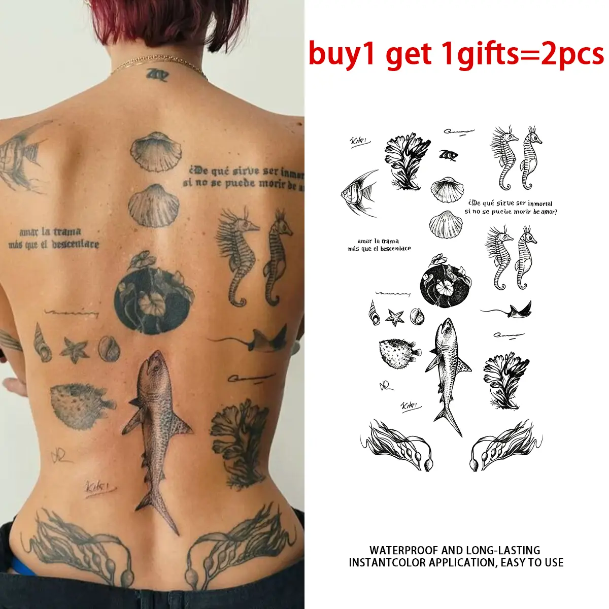 Beginner Friendly Temporary Tattoos, Waterproof Ocean Marine Creature Designs, Semi-Permanent Long-Lasting Stickers for Women - 2 Sheets