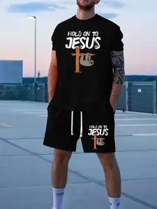 Men's Cartoon Sloth and Slogan Print Crew Neck Tee & Drawstring Waits Shorts Two-piece Set, Regular Fit Casual Comfy Round Neck Short Sleeve T-shirt & Pocket Shorts, Summer Outfits Clothes Set for Men