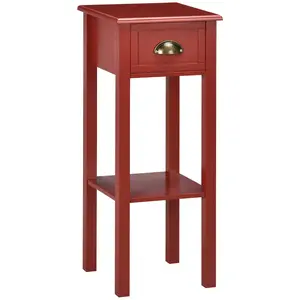 2-Tier Side Table with Drawer and Shelf – End Table for Living Room and Hallway, Slim 11.75" Wide, MDF Construction, Anti-Tipping Strap, 33 lbs Capacity, Red