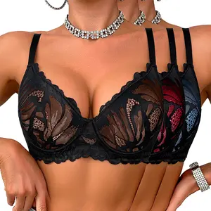 Set of 3 Women's Sexy Lace Underwire Push-Up Bra - Semi-Transparent Suitable for Casual Attire & Lingerie, Non-Detachable Padded Cups, Moderate Lift Boning Full Bra for Low-Cut