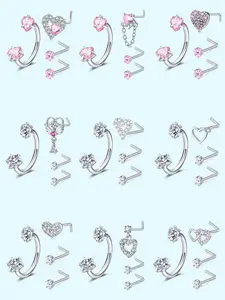 4pcs/set 316L Stainless Steel 18G Horseshoe Nose Ring with Double Heart CZ Zirconia Inlays 20G L Shaped Nose Studs Multi-Styles Nose Rings for Women Girls Nose Piercing Jewelry