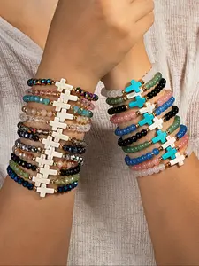 Multi-piece elastic women's bracelets, Bohemian style, fashionable natural shell and turquoise, cross copper beads and glass bead strings, suitable for holiday gifts and daily commuting wear