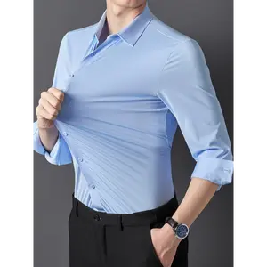 Seamless High-Stretch Men's Long-Sleeve Shirt - Solid Color White, Non-Iron Nylon & Elastane Blend, Tailored Fit for Business Casual Wear, Pointed Collar, Single Button Front, Wrinkle-Resistant Fabric Menswear Top