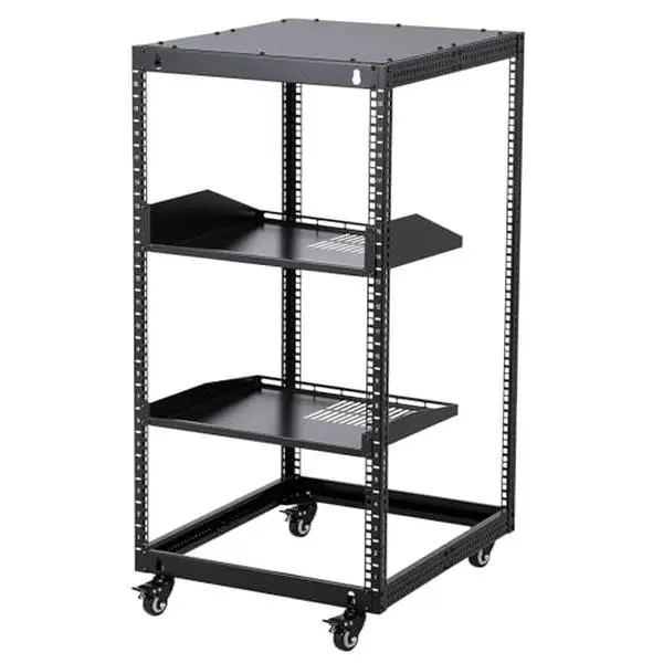 20U Open Frame Network Rack, 22"-40" Adjustable Depth, Wall Mount & Freestanding Server Rack with Lockable Casters + 2Pack 1U Shelves, Heavy Duty for IT AV Gear