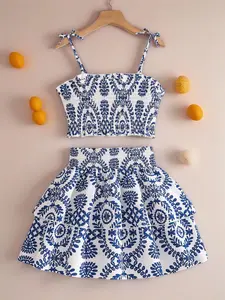 Girls 2 Piece Set, Printed Strap Crop Top with Ruffled Hem Skirt, Stylish Comfortable for Kids Fashion Summer Clothes Set
