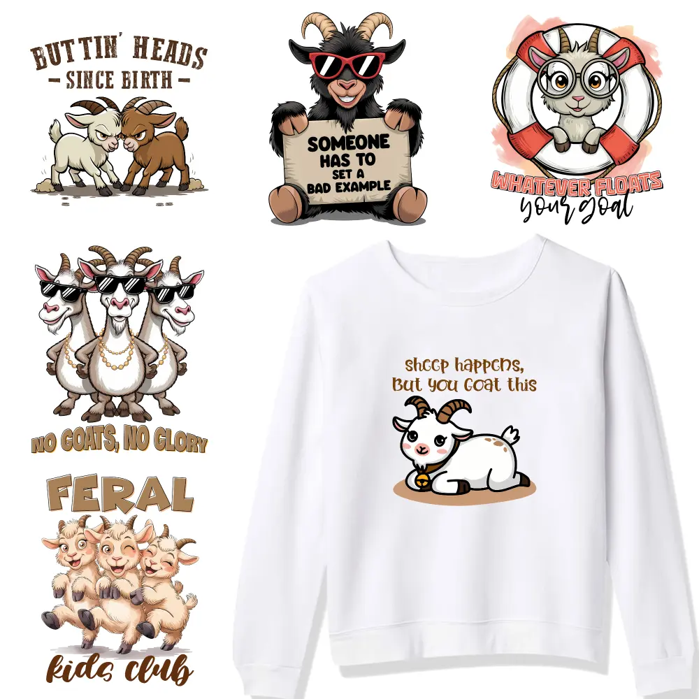 6 Pcs Goat Humor Iron on Transfers Press Washable Stickers DTF Transfers Ready Iron on Decals for T Shirts for clothing, T-shirts, jeans, backpacks, hats, pillows. Iron On Transfer Patches Transfers Sticker On Clothes side  eyes